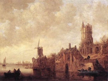  molino Obras - Paisaje fluvial con molino de viento y castillo en ruinas Jan van Goyen